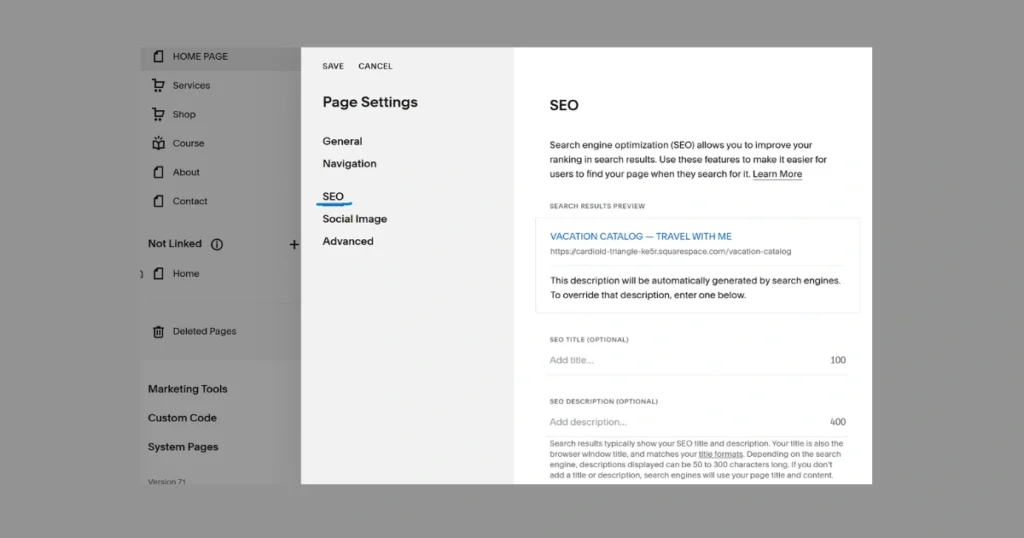 Square space -Basic SEO section