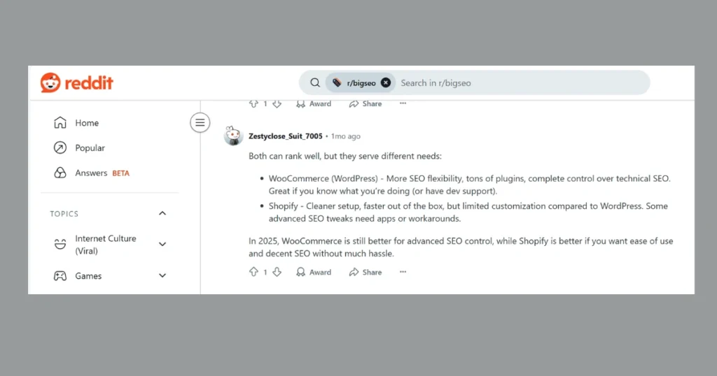 Reddit discussion between WooCommerce vs Shopify.